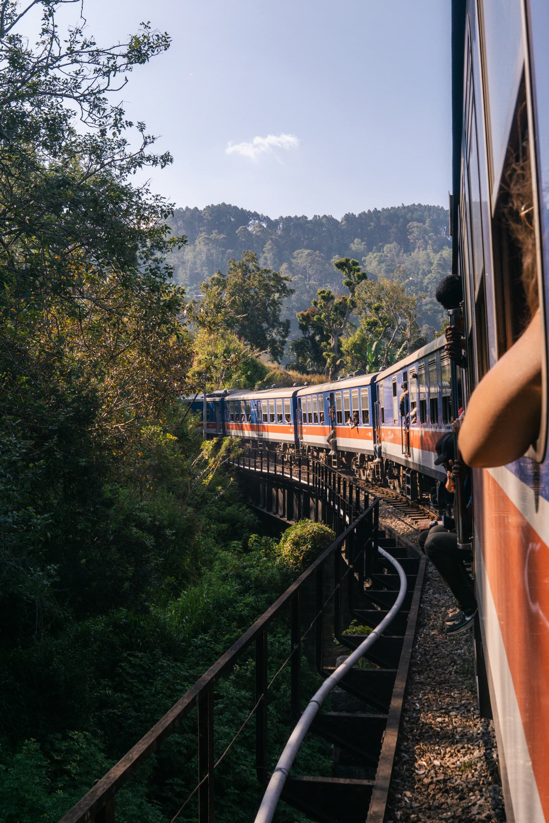 A Sri Lankan train crossing a bridge through the hill country